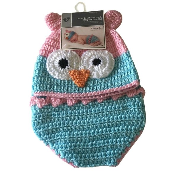 Hand Crocheted Hat And Diaper Cover Owl Sz 0-9 Months Infant Baby Photo New - Picture 1 of 12